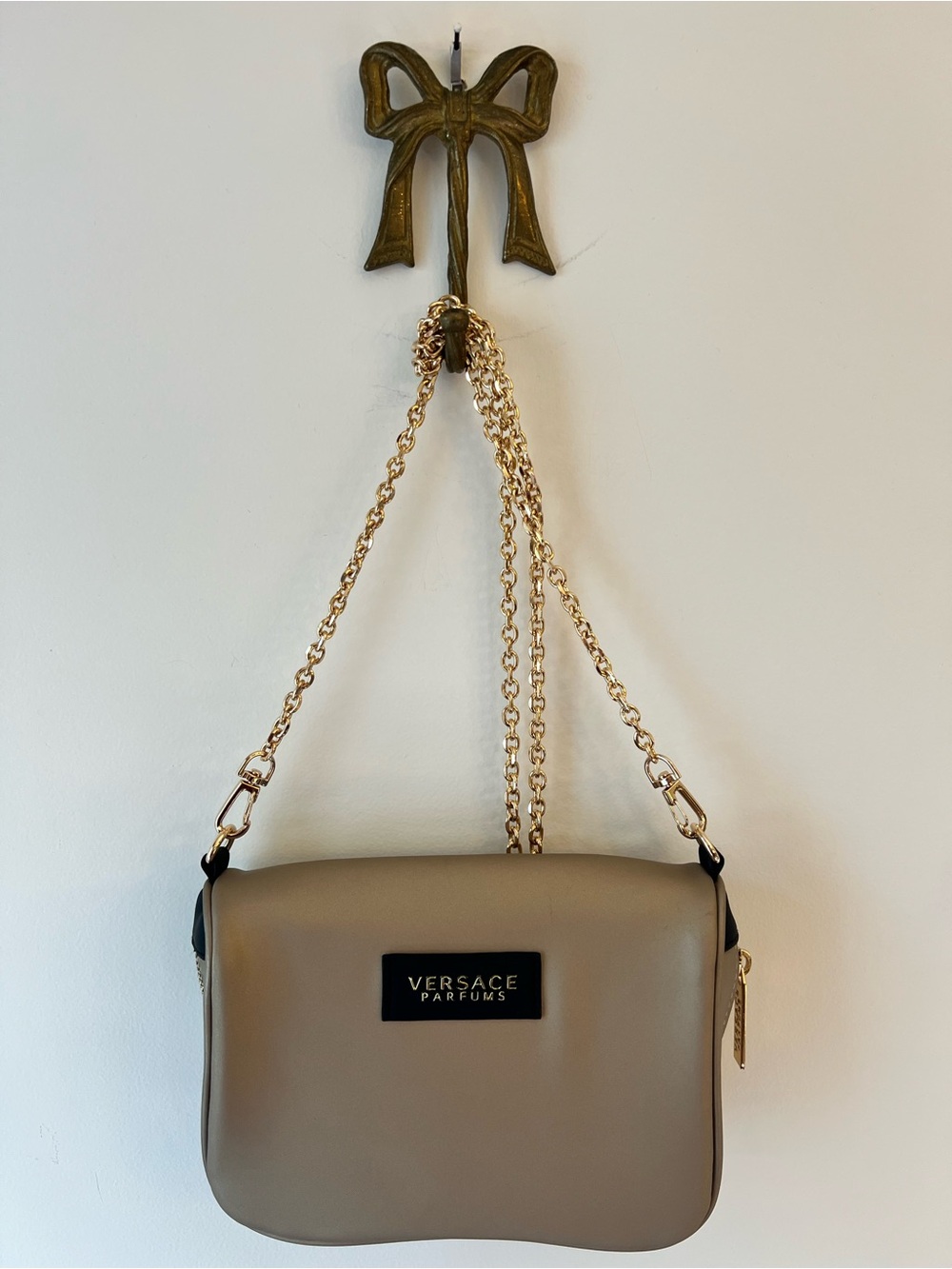 Versace Perfume Champagne Logo Crossbody Bag Gold Chain Strap Purse